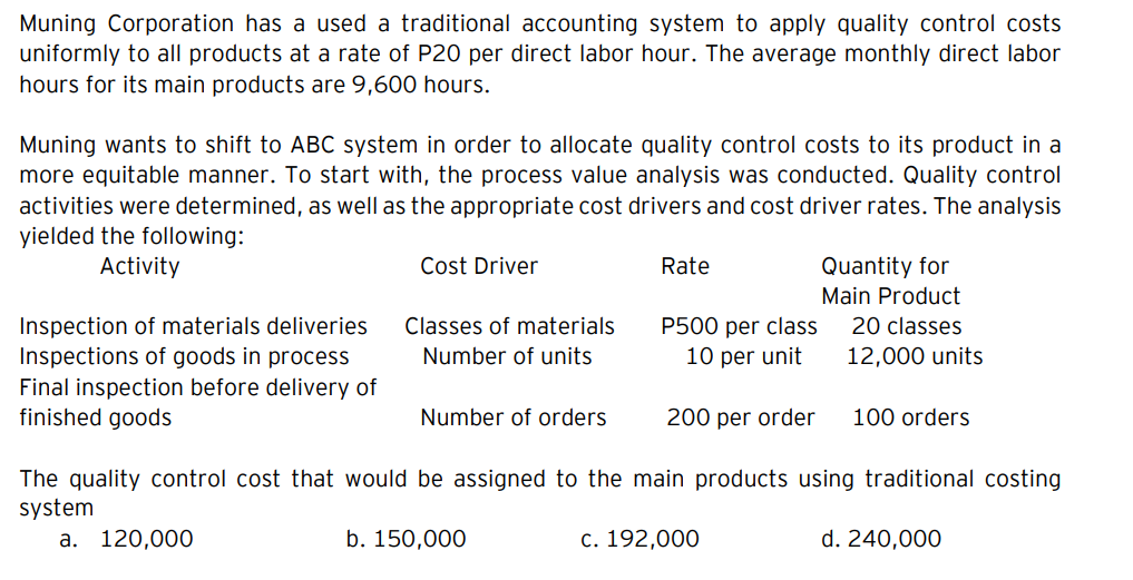 Muning Corporation has a used a traditional accounting system to apply quality control costs
uniformly to all products at a rate of P20 per direct labor hour. The average monthly direct labor
hours for its main products are 9,600 hours.
Muning wants to shift to ABC system in order to allocate quality control costs to its product in a
more equitable manner. To start with, the process value analysis was conducted. Quality control
activities were determined, as well as the appropriate cost drivers and cost driver rates. The analysis
yielded the following:
Activity
Cost Driver
Rate
Quantity for
Main Product
Inspection of materials deliveries
Inspections of goods in process
Classes of materials
P500 per class
10 per unit
20 classes
Number of units
12,000 units
Final inspection before delivery of
finished goods
Number of orders
200 per order
100 orders
The quality control cost that would be assigned to the main products using traditional costing
system
a. 120,000
b. 150,000
c. 192,000
d. 240,000

