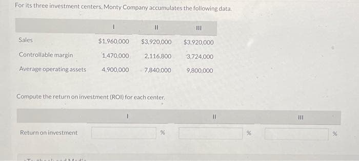 For its three investment centers, Monty Company accumulates the following data.
11
$1,960,000
$3,920,000
Controllable margin
1,470,000 2,116,800
Average operating assets 4,900,000 7,840.000
Sales
Compute the return on investment (ROI) for each center.
Return on investment
Madla
%
|||
$3,920,000
3,724,000
9,800,000
%
111