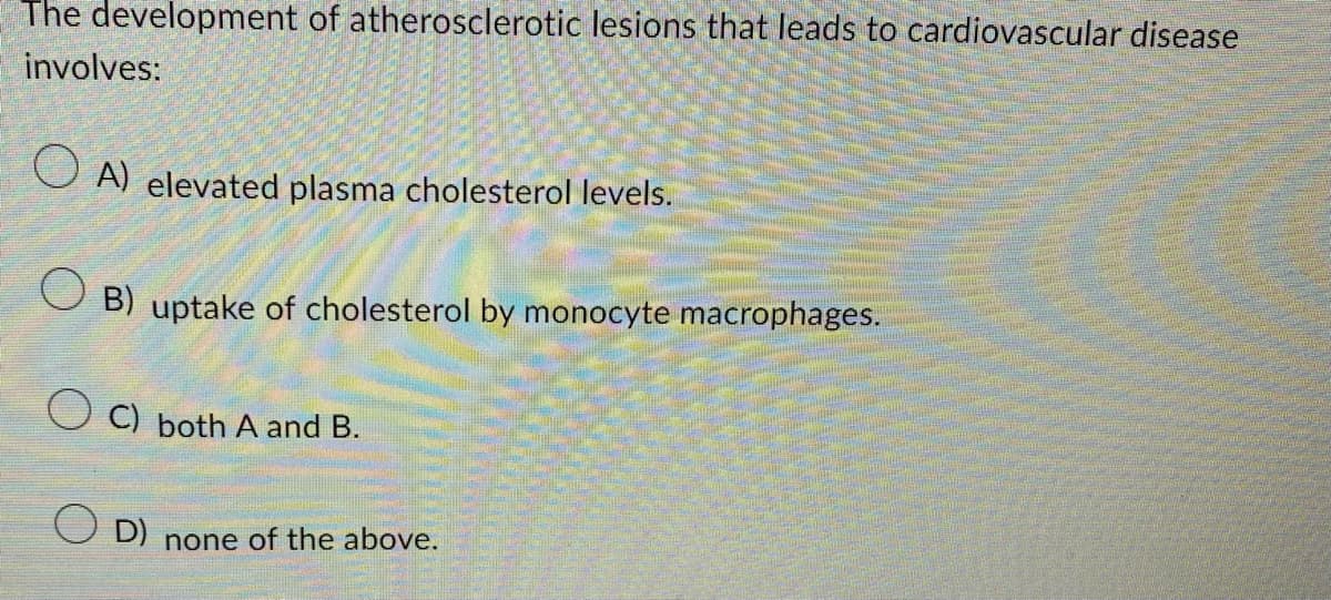 The development of atherosclerotic lesions that leads to cardiovascular disease
involves:
OA) elevated plasma cholesterol levels.
B) uptake of cholesterol by monocyte macrophages.
C) both A and B.
D) none of the above.