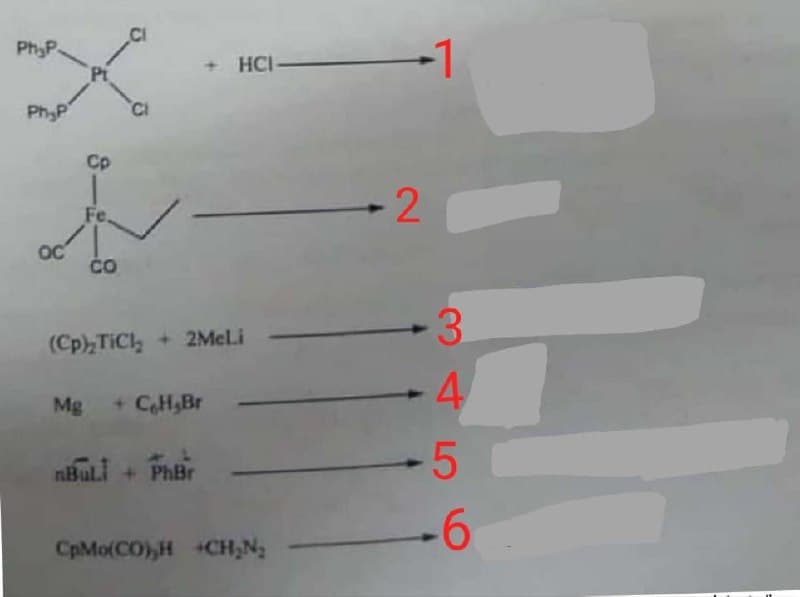 PhyP.
PhyP
OC
Pt
Cp
Fe.
CO
C
+ HCI-
(Cp)₂TiCl₂ + 2Mel.i
Mg + C₂H₂Br
nBuli+ PhBr
CpMo(CO),H+CH₂N₂
-1
-2
-3
4
+5
-6