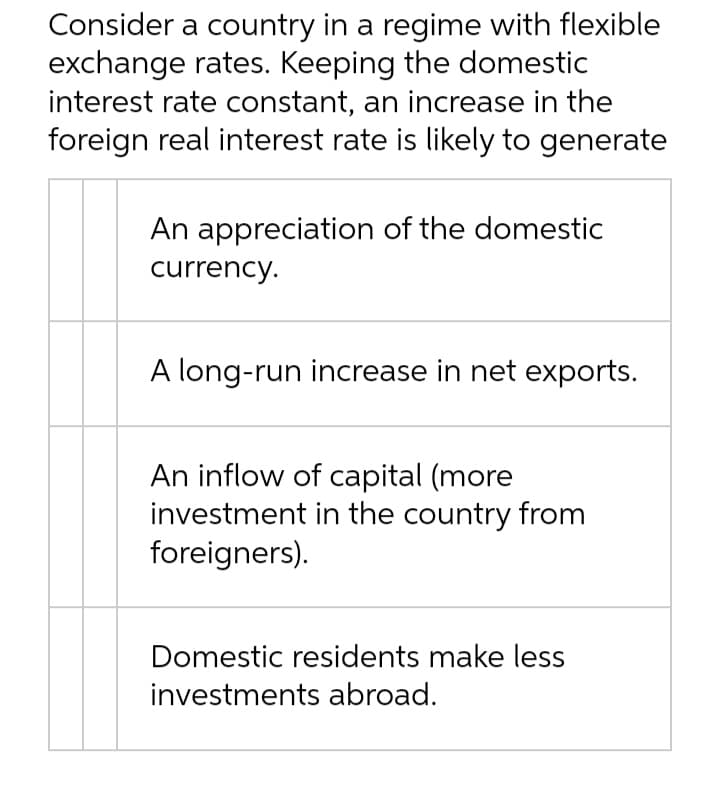 Consider a country in a regime with flexible
exchange rates. Keeping the domestic
interest rate constant, an increase in the
foreign real interest rate is likely to generate
An appreciation of the domestic
currency.
A long-run increase in net exports.
An inflow of capital (more
investment in the country from
foreigners).
Domestic residents make less
investments abroad.
