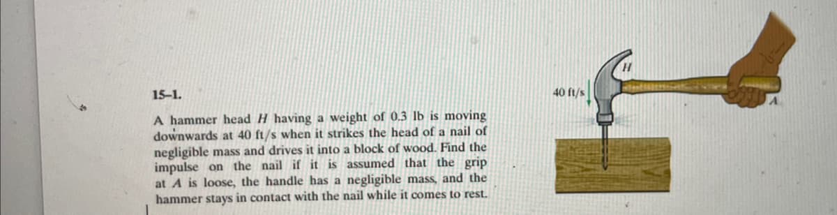 15-1.
A hammer head H having a weight of 0.3 lb is moving
downwards at 40 ft/s when it strikes the head of a nail of
negligible mass and drives it into a block of wood. Find the
impulse on the nail if it is assumed that the grip
at A is loose, the handle has a negligible mass, and the
hammer stays in contact with the nail while it comes to rest.
40 ft/s