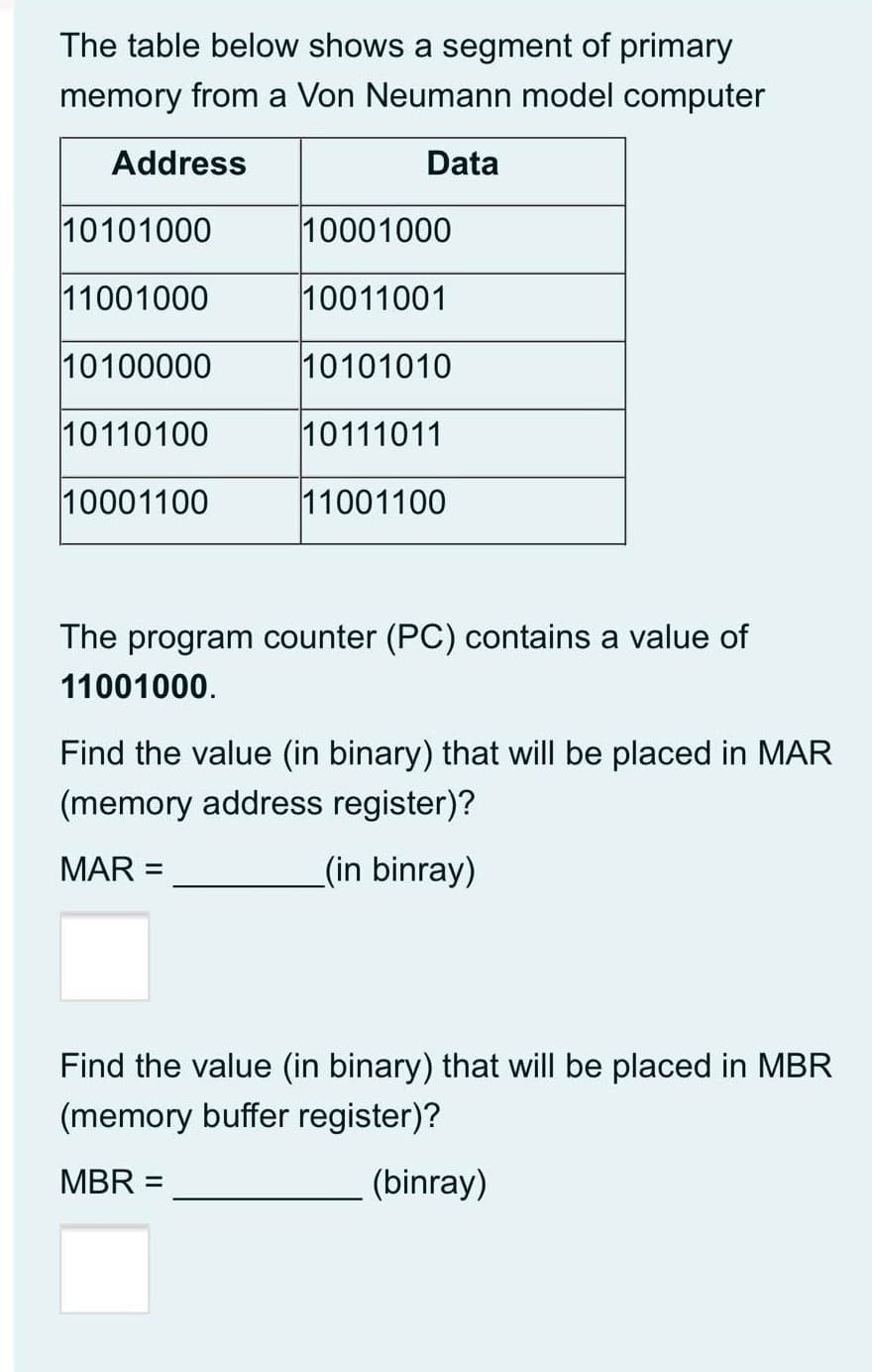 The table below shows a segment of primary
memory from a Von Neumann model computer
Address
Data
10101000
10001000
11001000
10011001
10100000
10101010
10110100
10111011
10001100
11001100
The program counter (PC) contains a value of
11001000.
Find the value (in binary) that will be placed in MAR
(memory address register)?
MAR
(in binray)
%3D
Find the value (in binary) that will be placed in MBR
(memory buffer register)?
MBR =
(binray)
%3D

