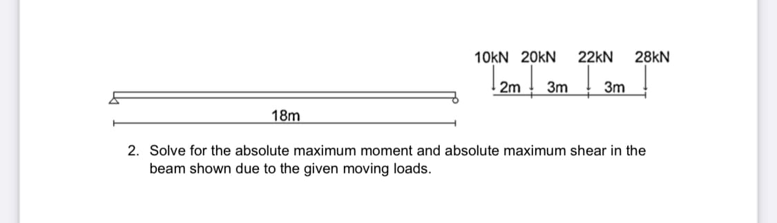 18m
10kN 20KN 22kN 28kN
2m 3m
3m
2. Solve for the absolute maximum moment and absolute maximum shear in the
beam shown due to the given moving loads.