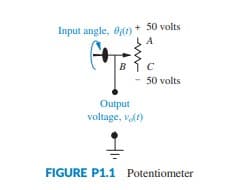 Input angle, 8(t) + 50 volts
A
B с
{c
- 50 volts
Output
voltage, vt)
FIGURE P1.1 Potentiometer