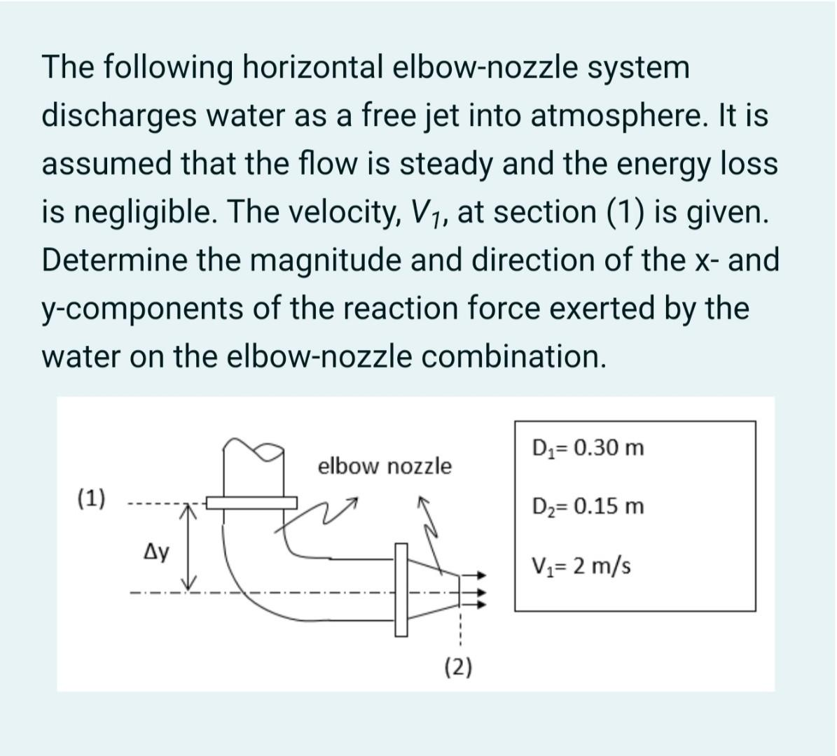 The following horizontal elbow-nozzle system
discharges water as a free jet into atmosphere. It is
assumed that the flow is steady and the energy loss
is negligible. The velocity, V₁, at section (1) is given.
Determine the magnitude and direction of the x- and
y-components of the reaction force exerted by the
water on the elbow-nozzle combination.
(1)
ΔΥ
elbow nozzle
(2)
D₁= 0.30 m
D₂= 0.15 m
V₁= 2 m/s