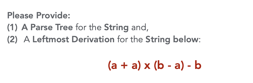 Please Provide:
(1) A Parse Tree for the String and,
(2) A Leftmost Derivation for the String below:
(a + a) x (b - a) - b
