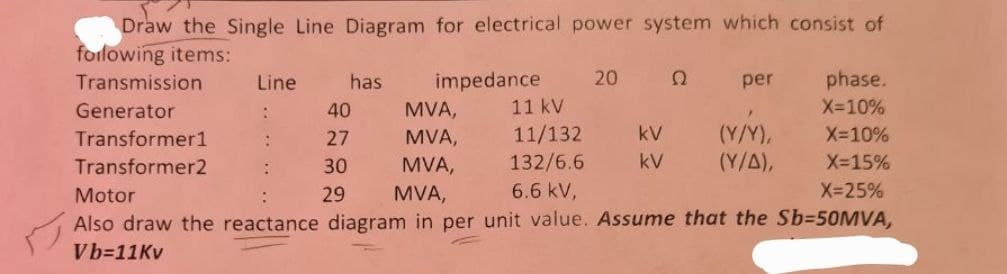 Draw the Single Line Diagram for electrical power system which consist of
forlowing items:
20
phase.
impedance
11 kV
Transmission
Line
has
per
Generator
40
MVA,
X-10%
11/132
132/6.6
(Y/Y),
(Y/A),
Transformer1
27
MVA,
kV
X-10%
:
kV
X-15%
MVA,
MVA,
Transformer2
30
Motor
29
6.6 kV,
X-25%
Also draw the reactance diagram in per unit value. Assume that the Sb=50MVA,
Vb=11KV
