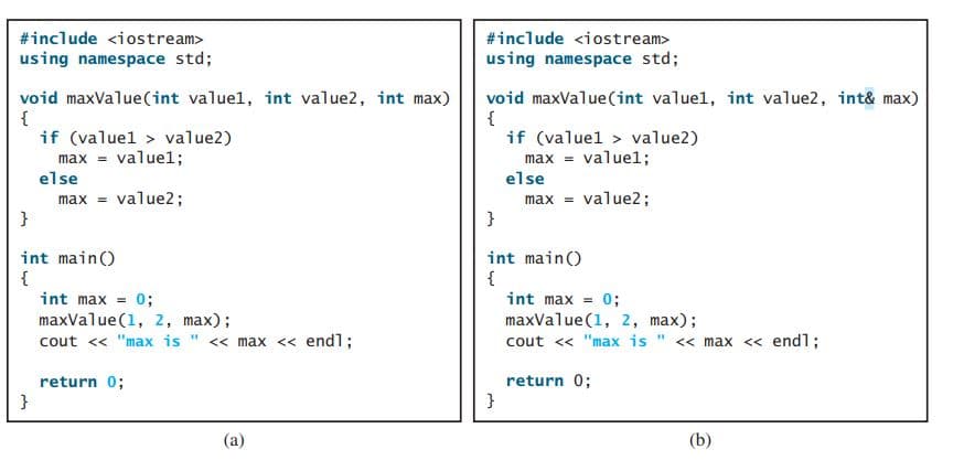 #include <iostream>
#include <iostream>
using namespace std;
using namespace std;
void maxValue(int valuel, int value2, int max)
{
if (valuel > value2)
max = valuel;
else
void maxValue(int valuel, int value2, int& max)
{
if (valuel > value2)
max = valuel;
else
max = value2;
}
max = value2;
}
int main()
{
int main()
{
int max = 0;
int max = 0;
maxValue(1, 2, max);
cout <« "max is " << max << end%;
maxValue (1, 2, max);
cout <« "max is " << max « endl;
return 0;
}
return 0;
}
(a)
(b)
