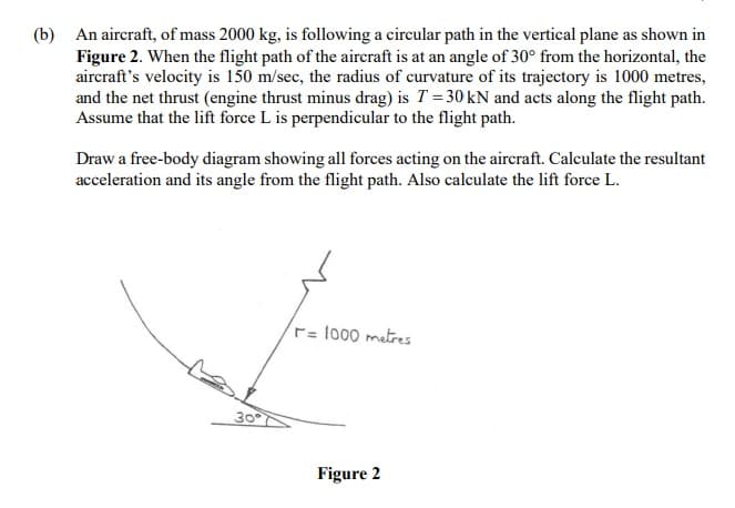(b) An aircraft, of mass 2000 kg, is following a circular path in the vertical plane as shown in
Figure 2. When the flight path of the aircraft is at an angle of 30° from the horizontal, the
aircraft's velocity is 150 m/sec, the radius of curvature of its trajectory is 1000 metres,
and the net thrust (engine thrust minus drag) is T = 30 kN and acts along the flight path.
Assume that the lift force L is perpendicular to the flight path.
Draw a free-body diagram showing all forces acting on the aircraft. Calculate the resultant
acceleration and its angle from the flight path. Also calculate the lift force L.
= 1000 metres
30
Figure 2
