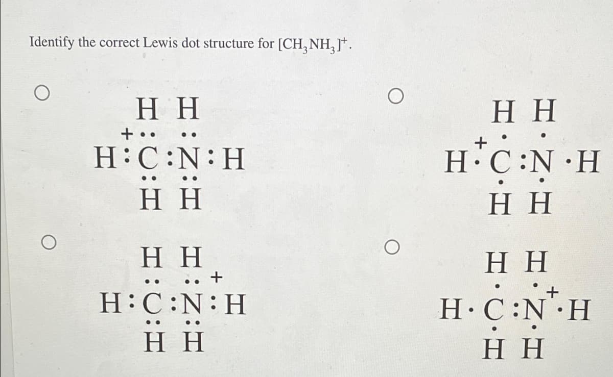 Identify the correct Lewis dot structure for [CH,NH,J*.
Η Η
+ ..
H:C:N:H
Η Η
Η Η
..
.. +
H:C:N:Η
HH
..
Η Η
+
H.C:N H
Η Η
HH
Η Η
H·C:N H
Ĥ Ĥ
Η Η