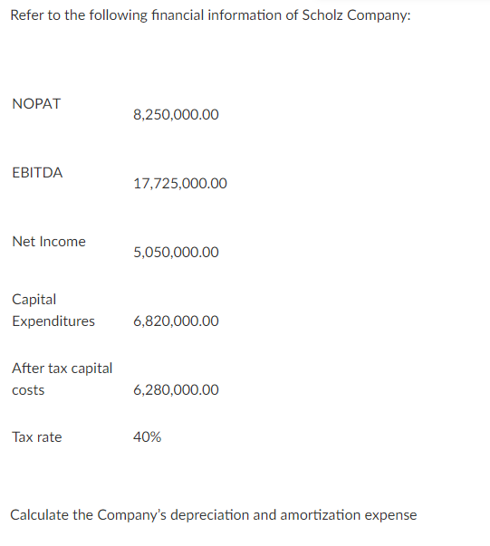 Refer to the following financial information of Scholz Company:
NOPAT
8,250,000.00
EBITDA
17,725,000.00
Net Income
5,050,000.00
Capital
Expenditures
6,820,000.00
After tax capital
costs
6,280,000.00
Tax rate
40%
Calculate the Company's depreciation and amortization expense

