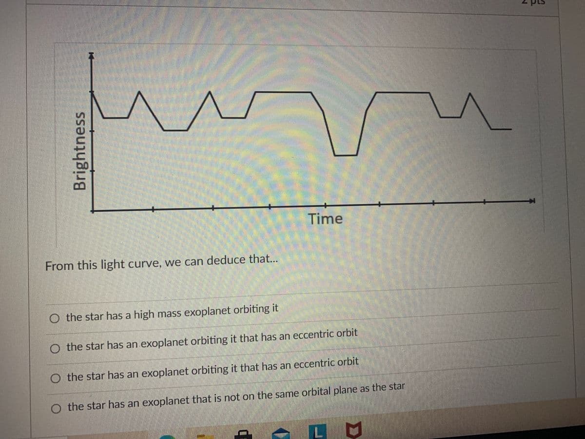 Time
From this light curve, we can deduce that...
O the star has a high mass exoplanet orbiting it
O the star has an exoplanet orbiting it that has an eccentric orbit
O the star has an exoplanet orbiting it that has an eccentric orbit
O the star has an exoplanet that is not on the same orbital plane as the star
L
Brightness
