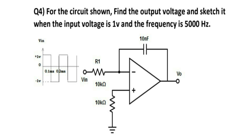 Q4) For the circuit shown, Find the output voltage and sketch it
when the input voltage is 1v and the frequency is 5000 Hz.
10nF
Vin
+1v
R1
0.1ms 02ms
Vo
-1v
Vin
+
10kO
