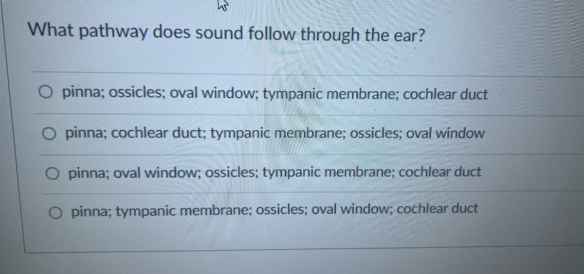 What pathway does sound follow through the ear?
Opinna; ossicles; oval window; tympanic membrane; cochlear duct
O pinna; cochlear duct; tympanic membrane; ossicles; oval window
O pinna; oval window; ossicles; tympanic membrane; cochlear duct
O pinna; tympanic membrane; ossicles; oval window; cochlear duct