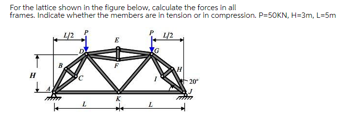 For the lattice shown in the figure below, calculate the forces in all
frames. Indicate whether the members are in tension or in compression. P=50KN, H=3m, L=5m
L/2
P L/2
E
B.
H
H
20°
K
