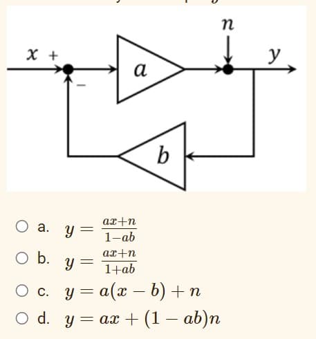 х +
а
b
ax+n
у — 1-ab
О а.
ax+n
O b.
1+ab
Ос.
у %3 а(х — 6)+п
O d. y
у %3 ах + (1 — ab)n
