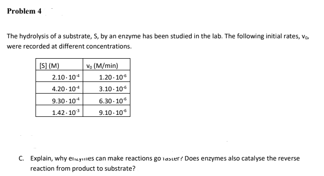 Problem 4
The hydrolysis of a substrate, S, by an enzyme has been studied in the lab. The following initial rates, vo,
were recorded at different concentrations.
[S] (M)
2.10- 104
Vo (M/min)
1.20 - 106
4.20. 104
3.10- 106
9.30- 104
6.30 - 106
1.42. 103
9.10- 106
C. Explain, why encyıies can make reactions go laster? Does enzymes also catalyse the reverse
reaction from product to substrate?
