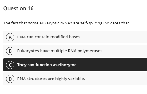 Question 16
The fact that some eukaryotic FRNAS are self-splicing indicates that
(A) RNA can contain modified bases.
B Eukaryotes have multiple RNA polymerases.
(c They can function as ribozyme.
D RNA structures are highly variable.
