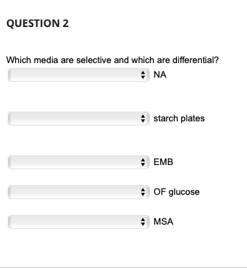 QUESTION 2
Which media are selective and which are differential?
* NA
* starch plates
: EMB
+ OF glucose
* MSA
