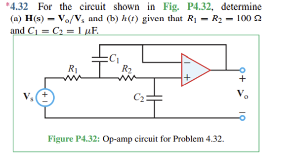 *4.32 For the circuit shown in Fig. P4.32, determine
(a) H(s) = Vo/Vs and (b) h(t) given that R₁ = R₂ = 100 S
and C₁ = C₂ = 1 µF.
R₁
:C₁
R₂
+
+
Vs
C2:
Vo
Figure P4.32: Op-amp circuit for Problem 4.32.