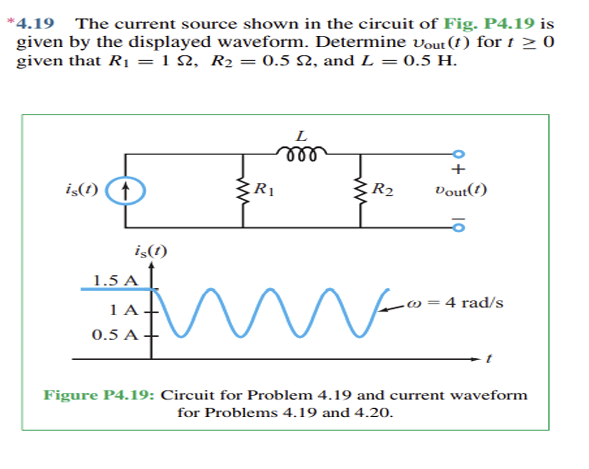*4.19 The current source shown in the circuit of Fig. P4.19 is
given by the displayed waveform. Determine Vout (t) for t≥ 0
given that R₁ = 1, R2 = 0.5 2, and L = 0.5 H.
is(t) (t
R1
1.5 A
is(t)
1 A+
0.
L
+
R2
Dout(1)
= 4 rad/s
Figure P4.19: Circuit for Problem 4.19 and current waveform
for Problems 4.19 and 4.20.