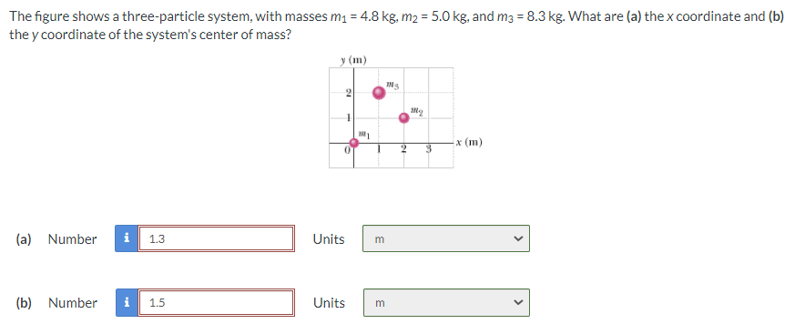 The figure shows a three-particle system, with masses m₁ = 4.8 kg, m₂ = 5.0 kg, and m3 = 8.3 kg. What are (a) the x coordinate and (b)
the y coordinate of the system's center of mass?
(a) Number i 1.3
(b)
Number i 1.5
y (m)
Units
Units
1
m
m
INS
2
№²
3
x (m)