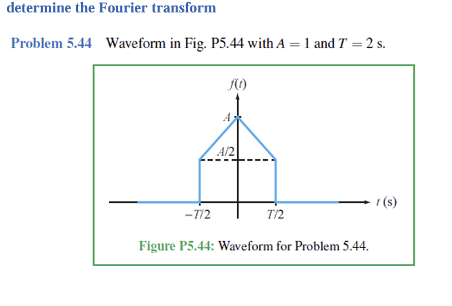 determine the Fourier transform
Problem 5.44 Waveform in Fig. P5.44 with A = 1 and T = 2 s.
f(t)
Α,
A/2
-T/2
T/2
Figure P5.44: Waveform for Problem 5.44.
t(s)