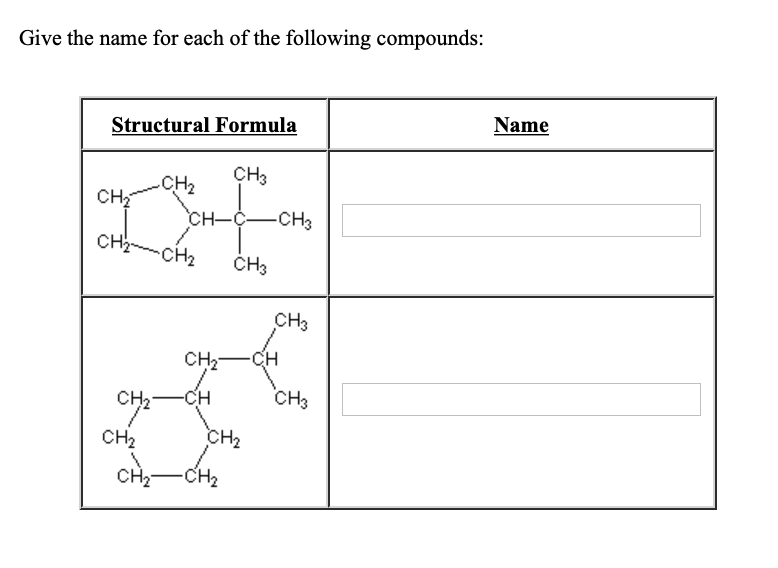 Give the name for each of the following compounds:
Structural Formula
Name
CHз
CH2
CH
CH-ҫ—снз
CH CH2
CHз
Cнз
CH2-CH
CH2-
-CH
Cнз
CH2
CH2
CH-
-CH2
