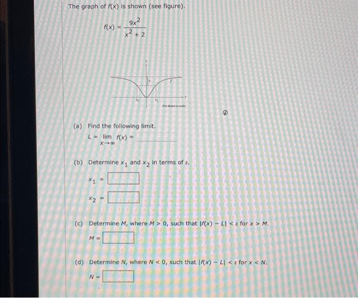 The graph of f(x) is shown (see figure).
9x²
x²+2
(a) Find the following limit.
L- lim f(x)=
X-8
X1
(b) Determine x₁ and x2 in terms of c.
x2
I
f(x)
M=
N
(c) Determine M, where M > 0, such that If(x) - LI< for x > M.
N=
(d) Determine N, where N < 0, such that If(x) - LI < c for x < N.