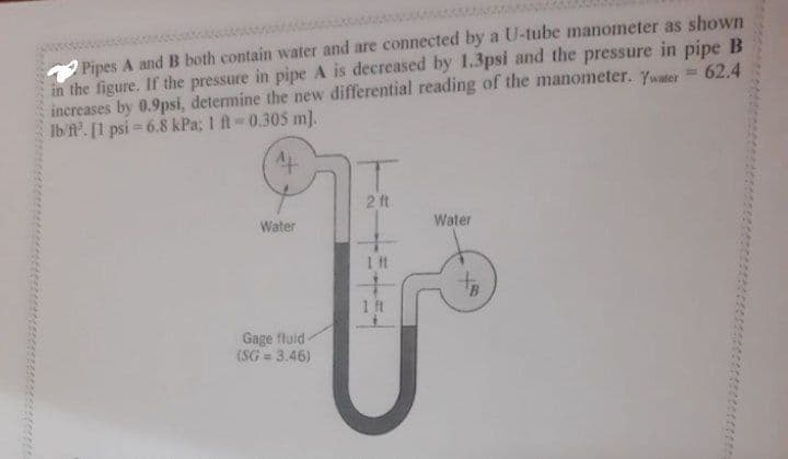 2 Pipes A and B both contain water and are connected by a U-tube manometer as shown
in the figure. If the pressure in pipe A is decreased by 1.3psi and the pressure in pipe B
increases by 0.9psi, determine the new differential reading of the manometer. Ywater = 62.4
lb/ft'. [1 psi 6.8 kPa; 1 ft=0.305 m].
AL
Water
Gage fluid-
(SG = 3.46)
2 ft
+
1 ft
+
1 ft
Water
tr