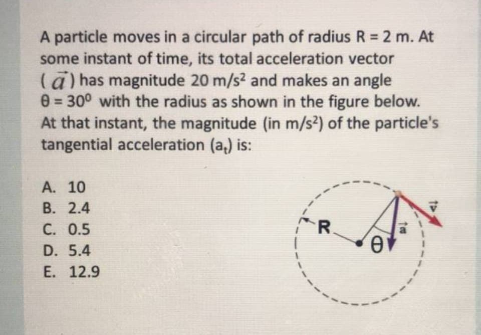 A particle moves in a circular path of radius R = 2 m. At
some instant of time, its total acceleration vector
a) has magnitude 20 m/s? and makes an angle
0 = 300 with the radius as shown in the figure below.
At that instant, the magnitude (in m/s?) of the particle's
tangential acceleration (a,) is:
А. 10
В. 2.4
С. О.5
D. 5.4
Е. 12.9
