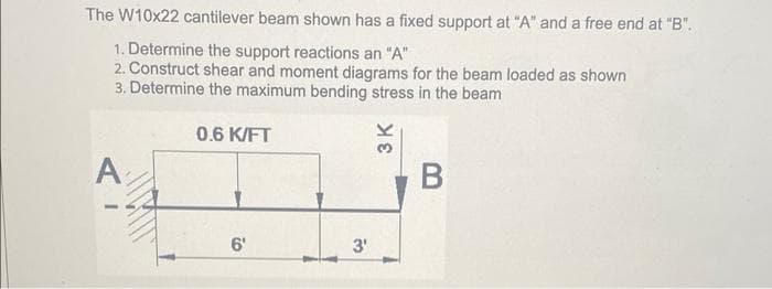 The W10x22 cantilever beam shown has a fixed support at "A" and a free end at "B".
1. Determine the support reactions an "A"
2. Construct shear and moment diagrams for the beam loaded as shown
3. Determine the maximum bending stress in the beam
0.6 K/FT
A
В
6'
3'
3 K
