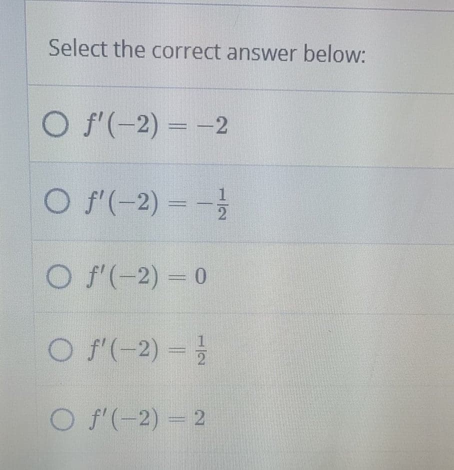 Select the correct answer below:
O f(-2) = –2
O S(-2)--
O S(-2) – 0
f'(-2) =
O f'(-2) = 2
