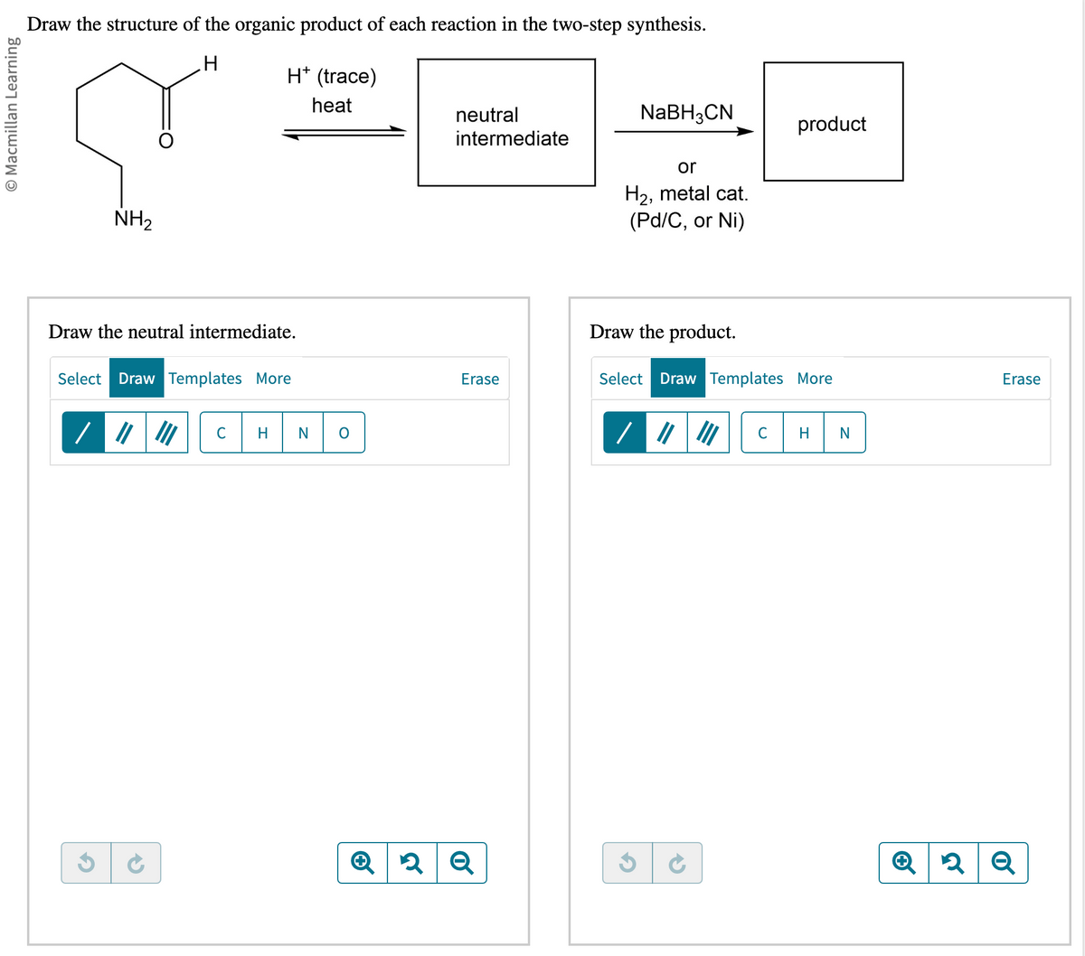 O Macmillan Learning
Draw the structure of the organic product of each reaction in the two-step synthesis.
H
NH₂
Draw the neutral intermediate.
H* (trace)
heat
Select Draw Templates More
C
H
O
neutral
intermediate
Erase
Q2 Q
NaBH3CN
or
H₂, metal cat.
(Pd/C, or Ni)
product
Draw the product.
Select Draw Templates More
|||||| C
N
+
Erase
2 Q