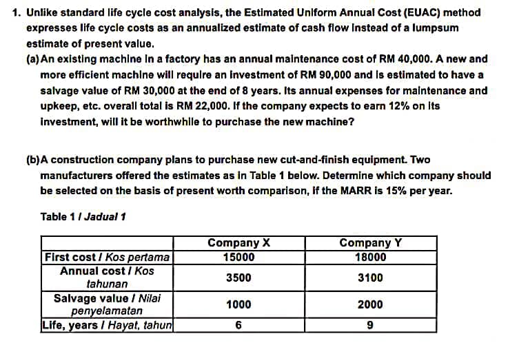 1. Unlike standard life cycle cost analysis, the Estimated Uniform Annual Cost (EUAC) method
expresses life cycle costs as an annualized estimate of cash flow Instead of a lumpsum
estimate of present value.
(a) An existing machine In a factory has an annual maintenance cost of RM 40,000. A new and
more efficient machine will require an investment of RM 90,000 and is estimated to have a
salvage value of RM 30,000 at the end of 8 years. Its annual expenses for maintenance and
upkeep, etc. overall total is RM 22,000. If the company expects to earn 12% on its
investment, will it be worthwhile to purchase the new machine?
(b)A construction company plans to purchase new cut-and-finish equipment. Two
manufacturers offered the estimates as in Table 1 below. Determine which company should
be selected on the basis of present worth comparison, if the MARR is 15% per year.
Table 1 / Jadual 1
First cost / Kos pertama
Annual cost / Kos
tahunan
Salvage value / Nilai
penyelamatan
Life, years I Hayat, tahun
Company X
15000
3500
1000
6
Company Y
18000
3100
2000
9