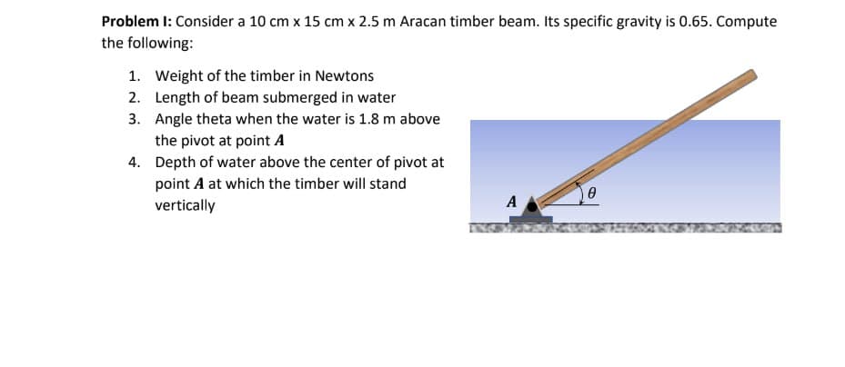 Problem I: Consider a 10 cm x 15 cm x 2.5 m Aracan timber beam. Its specific gravity is 0.65. Compute
the following:
1. Weight of the timber in Newtons
2. Length of beam submerged in water
3. Angle theta when the water is 1.8 m above
the pivot at point A
4. Depth of water above the center of pivot at
point A at which the timber will stand
vertically
A
0