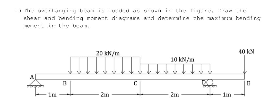 1) The overhanging beam is loaded as shown in the figure. Draw the
shear and bending moment diagrams and determine the maximum bending
moment in the beam.
A
1m
B
+
20 kN/m
2m
10 kN/m
2m
1m
40 KN
E