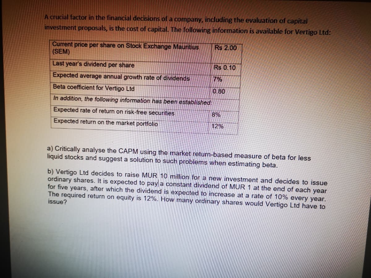 A crucial factor in the financial decisions of a company, including the evaluation of capital
investment proposals, is the cost of capital. The following information is available for Vertigo Ltd.
Current price per share on Stock Exchange Mauritius
(SEM)
Last year's dividend per share
Expected average annual growth rate of dividends
Beta coefficient for Vertigo Ltd
In addition, the following information has been established:
Expected rate of return on risk-free securities
Expected return on the market portfolio
Rs 2.00
Rs 0.10
17%
0.80
8%
12%
a) Critically analyse the CAPM using the market return-based measure of beta for less
liquid stocks and suggest a solution to such problems when estimating beta.
b) Vertigo Ltd decides to raise MUR 10 million for a new investment and decides to issue
ordinary shares. It is expected to pay a constant dividend of MUR 1 at the end of each year
for five years, after which the dividend is expected to increase at a rate of 10% every year.
The required return on equity is 12%. How many ordinary shares would Vertigo Ltd have to
issue?