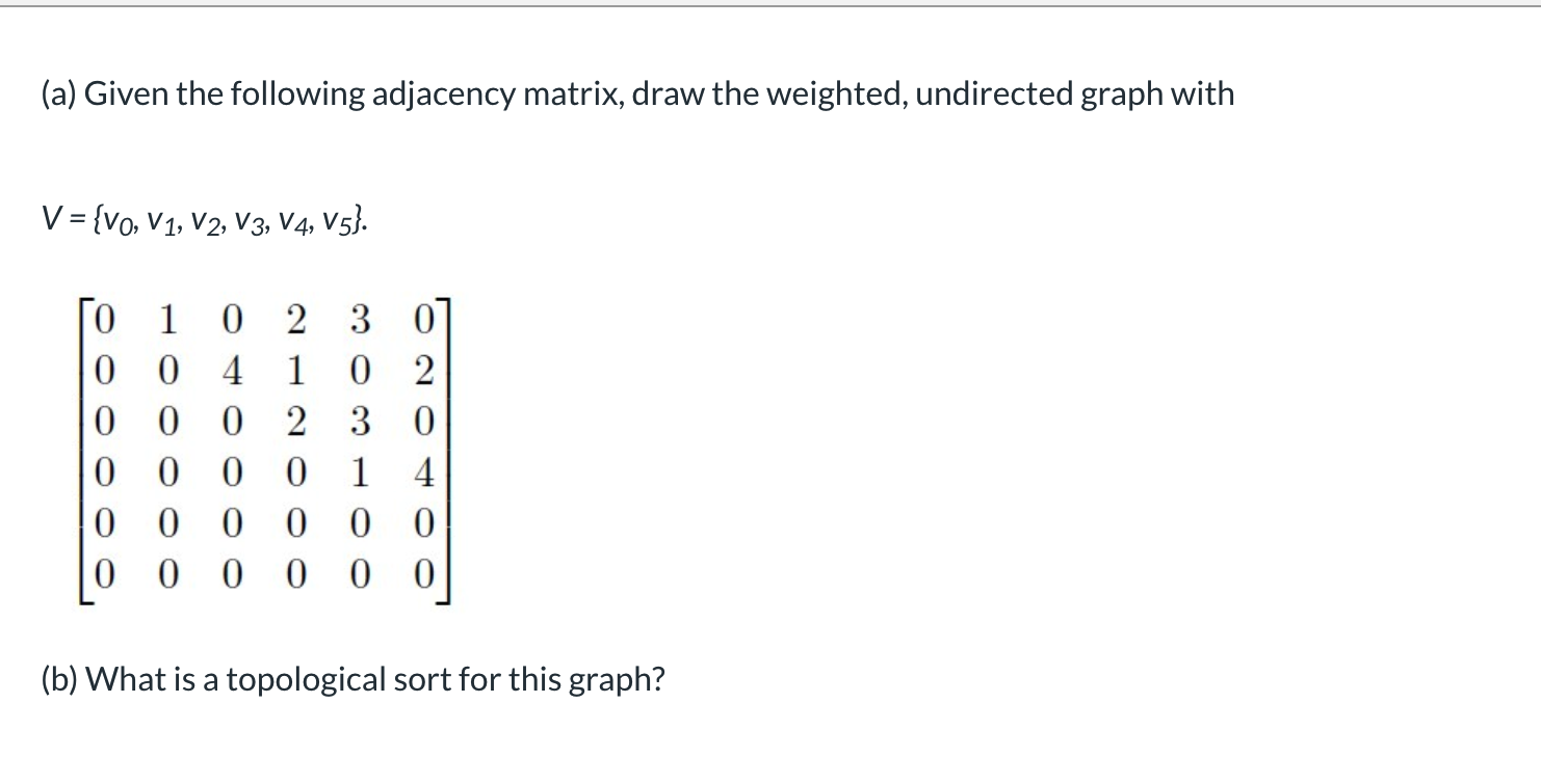 (a) Given the following adjacency matrix, draw the weighted, undirected graph with
V = {vo, V1, V2, V3, V4, V53.
0 2 3
|0
04 1
0 0 0 2 3
0 0 0
1
0 1
4
0 0
0 0 0 0
0 0
(b) What is a topological sort for this graph?
