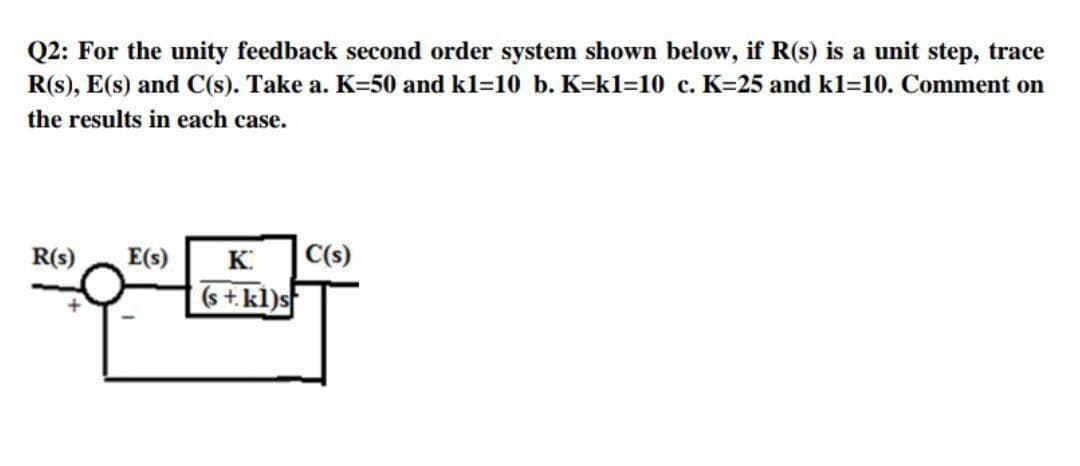 Q2: For the unity feedback second order system shown below, if R(s) is a unit step, trace
R(s), E(s) and C(s). Take a. K=50 and kl=10 b. K=k1=10 c. K=25 and kl=10. Comment on
the results in each case.
R(s)
E(s)
K.
C(s)
(s +. kl)s
