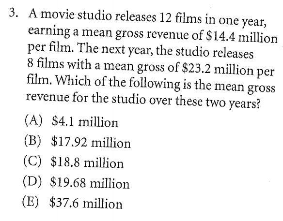 3. A movie studio releases 12 films in one year,
earning a mean gross revenue of $14.4 million
per film. The next year, the studio releases
8 films with a mean gross of $23.2 million per
film. Which of the following is the mean gross
revenue for the studio over these two years?
(A) $4.1 million
(B) $17.92 million
(C) $18.8 million
(D) $19.68 million
(E) $37.6 million
