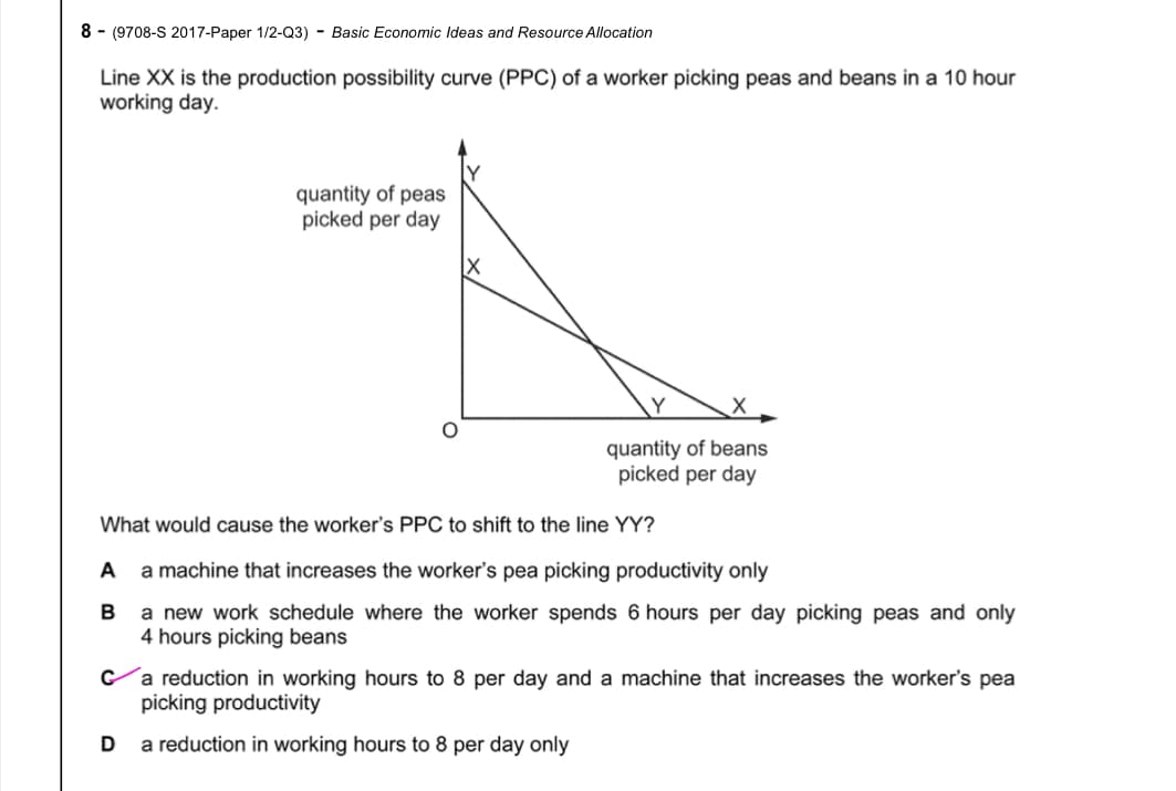 8 - (9708-S 2017-Paper 1/2-Q3) - Basic Economic Ideas and Resource Allocation
Line XX is the production possibility curve (PPC) of a worker picking peas and beans in a 10 hour
working day.
quantity of peas
picked per day
quantity of beans
picked per day
What would cause the worker's PPC to shift to the line YY?
A a machine that increases the worker's pea picking productivity only
B
a new work schedule where the worker spends 6 hours per day picking peas and only
4 hours picking beans
a reduction in working hours to 8 per day and a machine that increases the worker's pea
picking productivity
D
a reduction in working hours to 8 per day only