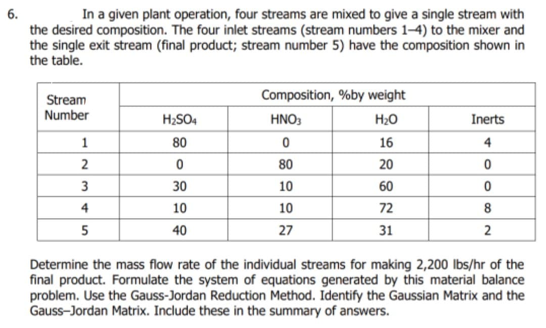 6.
In a given plant operation, four streams are mixed to give a single stream with
the desired composition. The four inlet streams (stream numbers 1-4) to the mixer and
the single exit stream (final product; stream number 5) have the composition shown in
the table.
Stream
Composition, %by weight
Number
H2SO4
HNO3
H20
Inerts
1
80
16
4
80
20
30
10
60
4
10
10
72
8.
40
27
31
Determine the mass flow rate of the individual streams for making 2,200 lbs/hr of the
final product. Formulate the system of equations generated by this material balance
problem. Use the Gauss-Jordan Reduction Method. Identify the Gaussian Matrix and the
Gauss-Jordan Matrix. Include these in the summary of answers.

