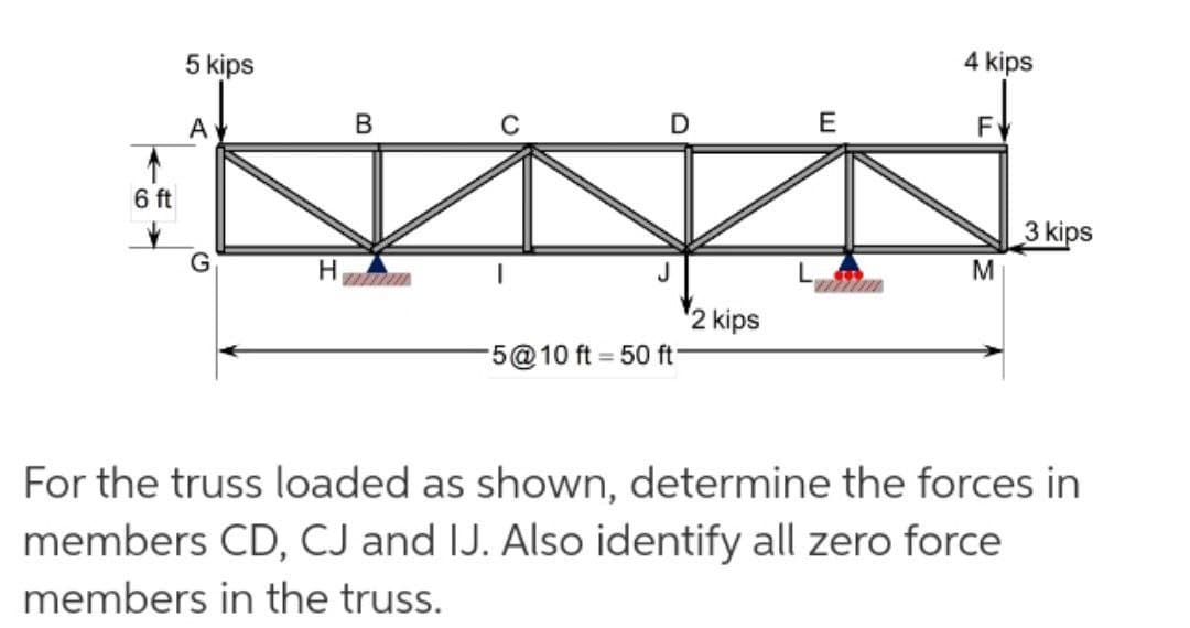 5 kips
4 kips
A
В
E
F
6 ft
3 kips
H
M
2 kips
5@10 ft 50 ft
%3D
For the truss loaded as shown, determine the forces in
members CD, CJ and IJ. Also identify all zero force
members in the truss.
