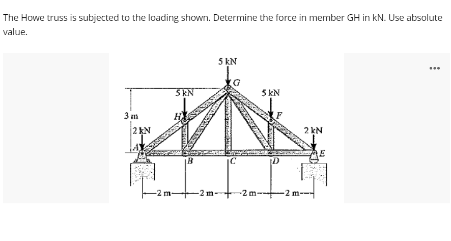 The Howe truss is subjected to the loading shown. Determine the force in member GH in kN. Use absolute
value.
5 kN
5 kN
5 kN
3 m
2 kN
2 kN
E
B
-2 m-
-2 m-
-2 m--
-2 m-
