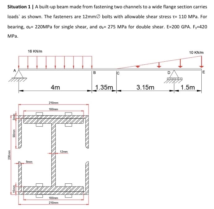 Situation 1 | A built-up beam made from fastening two channels to a wide flange section carries
loads as shown. The fasteners are 12mmØ bolts with allowable shear stress t= 110 MPa. For
bearing, Ob= 220MPA for single shear, and ob= 275 MPa for double shear. E=200 GPA. Fy=420
МРа.
16 KN/m
10 KN/m
A
D.
IE
4m
1.35m
3.15m
1.5m
210mm
180mm
12mm
9mm
180mm
210mm
238mm
90mm
