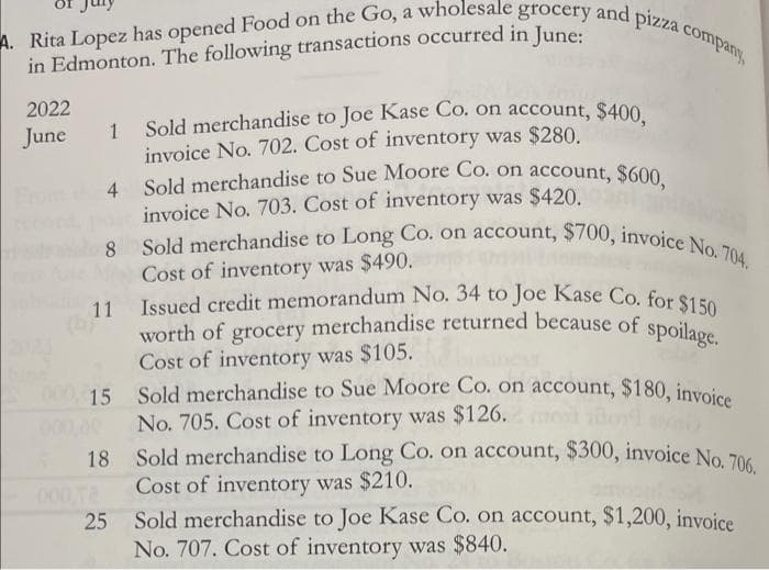 A. Rita Lopez has opened Food on the Go, a wholesale grocery and pizza company,
in Edmonton. The following transactions occurred in June:
2022
June
1 Sold merchandise to Joe Kase Co. on account, $400,
invoice No. 702. Cost of inventory was $280.
4 Sold merchandise to Sue Moore Co. on account, $600,
invoice No. 703. Cost of inventory was $420.
8 Sold merchandise to Long Co. on account, $700, invoice No. 704.
Cost of inventory was $490.
Issued credit memorandum No. 34 to Joe Kase Co. for $150
worth of grocery merchandise returned because of spoilage.
Cost of inventory was $105.
000, 15 Sold merchandise to Sue Moore Co. on account, $180, invoice
No. 705. Cost of inventory was $126. modo
Sold merchandise to Long Co. on account, $300, invoice No. 706.
Cost of inventory was $210.
25 Sold merchandise to Joe Kase Co. on account, $1,200, invoice
No. 707. Cost of inventory was $840.
18