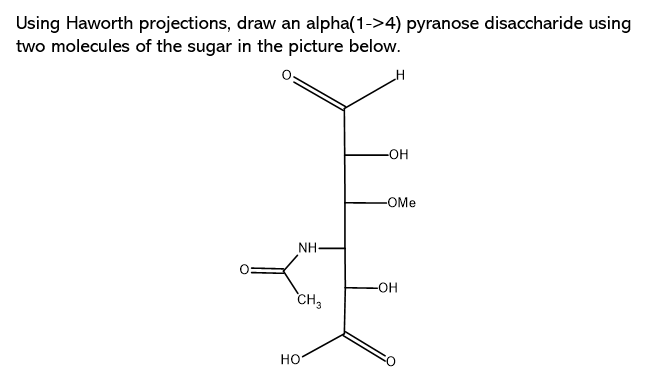 Using Haworth projections, draw an alpha(1->4) pyranose disaccharide using
two molecules of the sugar in the picture below.
-OH
-OMe
NH-
-OH
CH,
но

