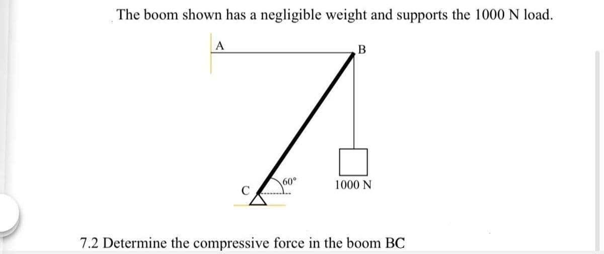 The boom shown has a negligible weight and supports the 1000 N load.
A
В
60°
1000 N
7.2 Determine the compressive force in the boom BC
